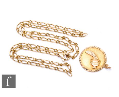 A 9ct hallmarked Aquarius circular pendant suspended from a 9ct open curb chain, total weight 12.5g. 