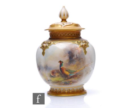 A Royal Worcester small pomander and cover, shape H278, the footed fluted ovoid body with relief hand painted by James Stinto