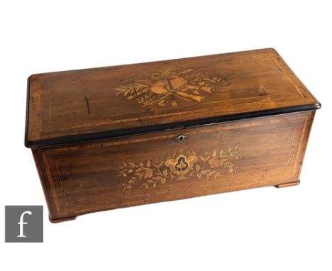 A large bells in view musical box, 41.5cm cylinder playing on six bells, lacking tune card, in rosewood floral marquetry inla