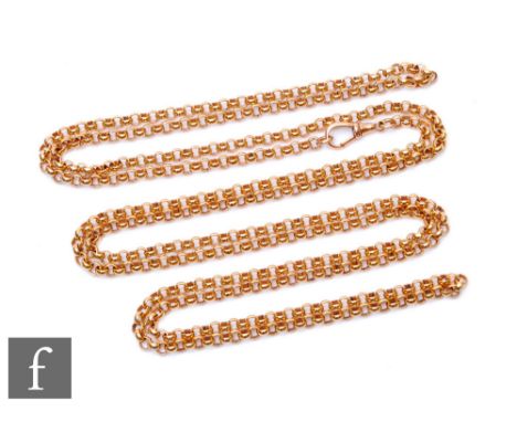 A 9ct belcher link guard chain, weight 64.5g, length 144cm, terminating in swivel clasp. 
