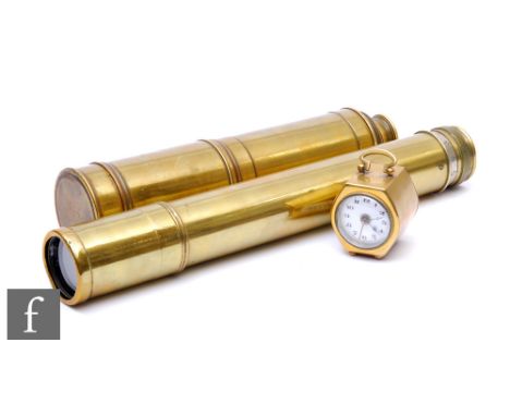 An early 20th Century brass four drawer telescope, length 100cm, a similar military type brass telescope with scale adjust an