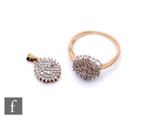 A modern 9ct pave set diamond cluster ring with a matching pendant, total weight 5.8g, damaged. (2) 