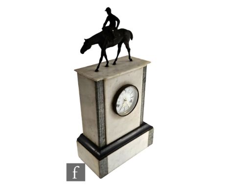A late 19th to early 20th Century marble mantel clock with eight day movement, the case mounted with a spelter race horse and