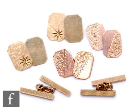 Three pairs of 9ct hallmarked chain link cufflinks to include a pair of engine turned bar examples, total weight 13g, various