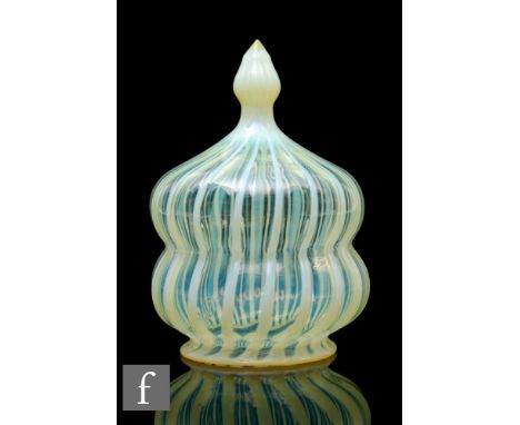 An early 20th Century Arts &amp; Crafts pendant light shade of double gourd form with teardrop terminal and striped bands ove