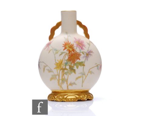 A small Royal Worcester Aesthetic Moonflask blush ivory vase decorated with a spray of daisies with moulded detailing to the 