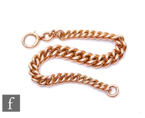 A 9ct rose gold solid link graduated curb bracelet, weight 34g, terminating in bolt ring fastener, each link stamped 375. 