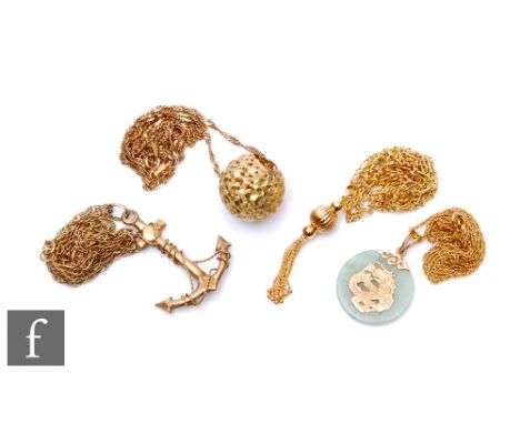 Four assorted 9ct pendants to include a tassel, an anchor, a pierced ball and a circular jade example, total weight 21.5g. (4