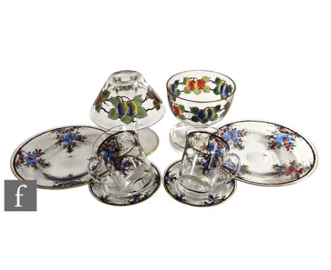 A pair of 1920s Webb Corbett crystal glass coffee cups, saucers and side plates, all hand enamelled by Hugo Maisey with fruit