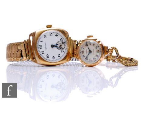 A 9ct hallmarked manual wind Vertex wrist watch, Arabic numerals to a white enamelled dial, with a similar lady's Lenroc exam