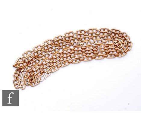 A modern 9ct fancy link chain comprising pierced oval links with central strut bar, weight 29g, length 92cm, terminating in h