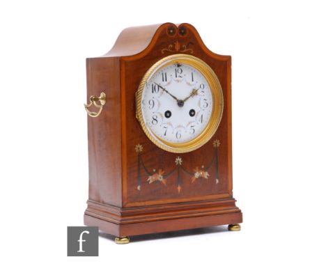 An Edwardian floral marquetry inlaid mantle clock, eight day striking movement, Arabic white enamel dial enclosed by a glazed