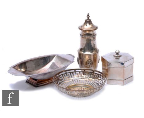 Three items of hallmarked silver a sugar castor, a tea caddy, damaged, and a two bon bon dishes, total weight 15.5oz, various
