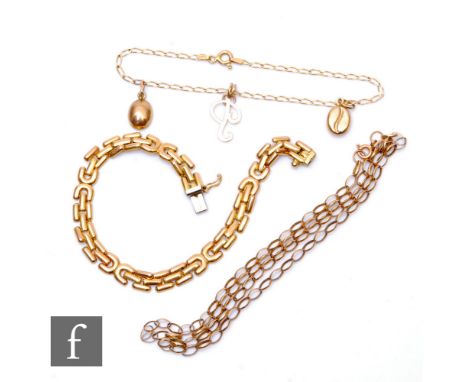 Two 9ct bracelets, a fancy link and a charm example, with a 9ct open belcher link chain, total weight 11.9g, some damage. (3)