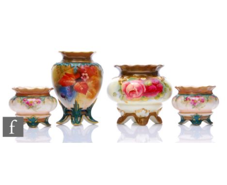 Two Royal Worcester vases comprising a shape H261 four footed vase decorated by B. Cox with hand painted roses, height 7.5cm,