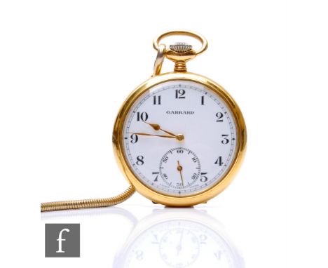 A gold plated crown wind Garrard pocket watch with Arabic numerals to a white enamelled dial engraved 'B.R Western Region ...