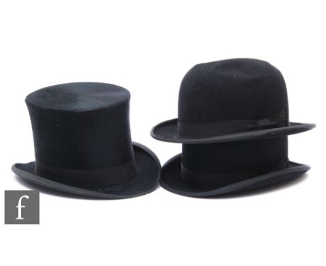 A top hat made by J R Caswell Wolverhampton, in original cardboard box, and two bowler hats. (3)
