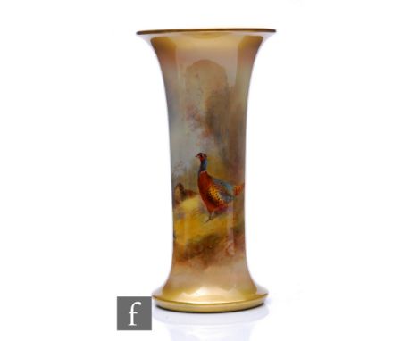 A large Royal Worcester trumpet vase, shape G923, hand painted by James Stinton with pheasant to a woodland setting between g