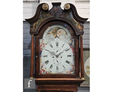 An early 19th Century oak and mahogany crossbanded longcase clock with eight-day movement, the 14 inch over-painted broken ar