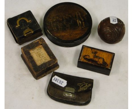 19th century painted papier mache box, carved ball box, Tunbridgeware snuff box etc