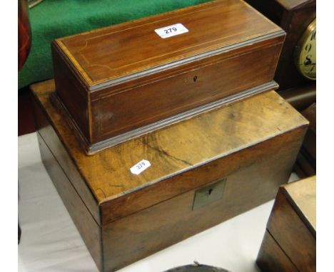 An Edwardian mahogany and satinwood banded games box,with cribbage marker inside, length 10.5" and a Victorian walnut writing
