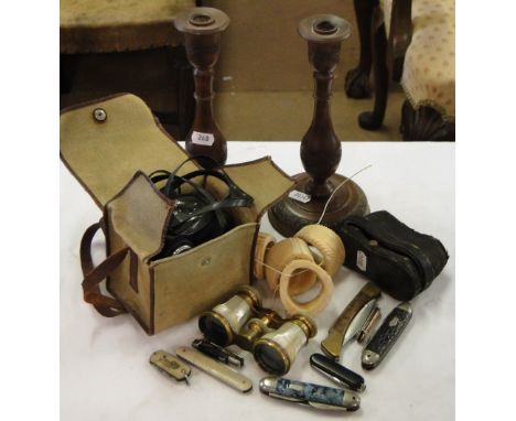 Pair of turned hardwood candlesticks, box camera, opera glasses, penknives etc
