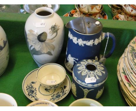 Jasperware jug, Copenhagen vase, Wedgwood Jasperware pot & cover,  & a Worcester tea bowl & saucer