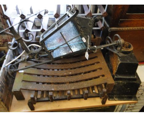 A 19th century cast-iron hopper, 2 fire grates and a lantern, etc.