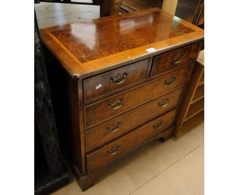 Reproduction burr walnut chest of 2 short & 3 long drawers on bracket feet