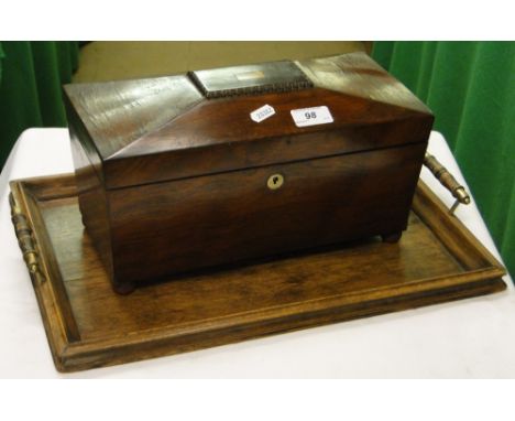 A Rosewood sarcophagus tea caddy & a small oak tea tray