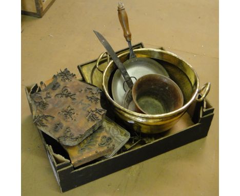 Large 2 handled brass pot, skillet, rock samples, print block etc