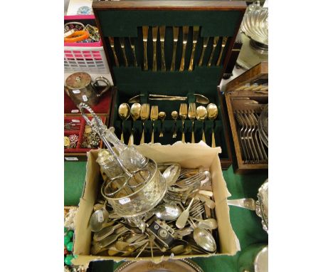 An oak canteen of brass cutlery for 6 people, cruet & a box of mixed cutlery & a spy camera