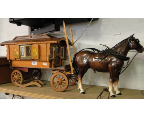 A Melba Ware horse with painted wooden caravan