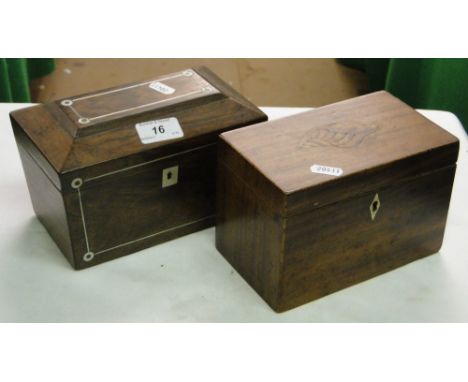 A Rosewood tea caddy with inlaid decoration & inner lids, & a tea caddy with shell motif (2)