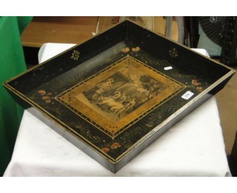 Antique painted tea tray with inset print