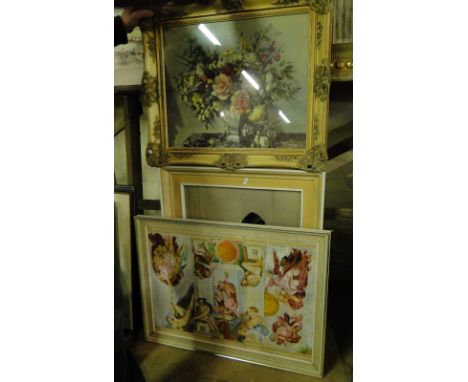 Oil on canvas - figures, & print of a young girl, & a frame 