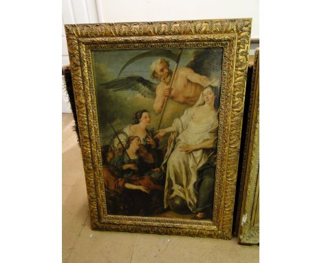 Coloured print, depicting figures, in acanthus leaf carved giltwood frame.