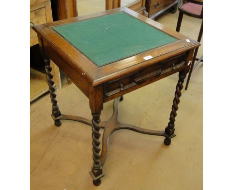 A Small square oak card table with reversible top, frieze drawer, barley twist legs & cross stretchers