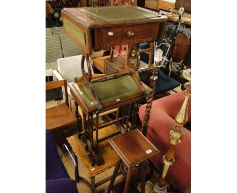 Mahogany nest of 3 tables, jardiniere stand, oak occasional table and a small sofa table.