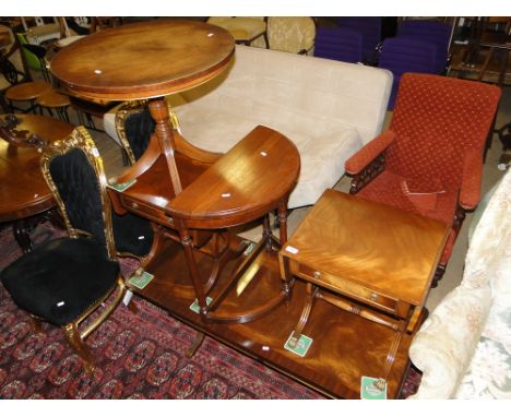 A reproduction mahogany sofa table, pair of matching side sofa tables, demi lune table and another, (5).