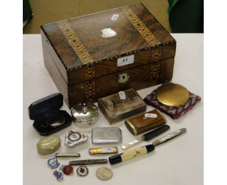 Inlaid walnut box containing badges, compact, snuff box etc