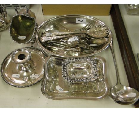 Victorian plated salt with lion mask feet, ladle, chamberstick, cutlery etc