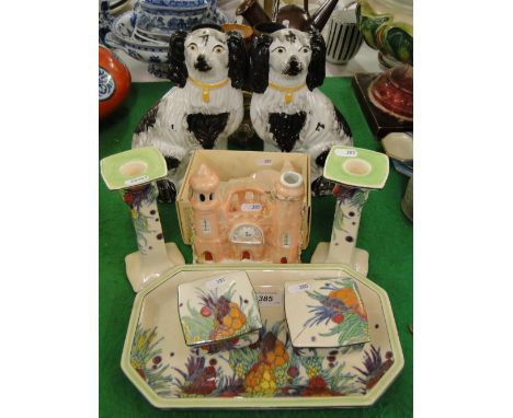 Pair of Edwardian Staffordshire mantel spaniels, a Wade deer, Royal Doulton dressing table items, etc