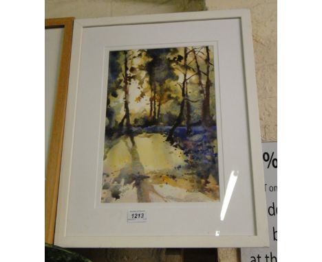 Andrew Blyth,watercolour, glade with pond, 13" x 8.5", and colour print, river landscape by the same hand, framed, (2).
