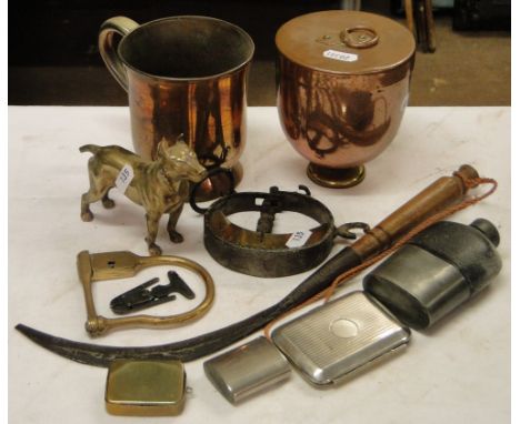 Brass dog, pine mug, copper container, scale etc