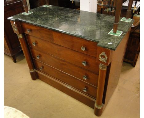 An Italian style mahogany inverted breakfront commode, having shaped marble top with 4 long drawers under, barrel turned colu