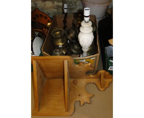 A Pine corner shelf, various oil lamps etc