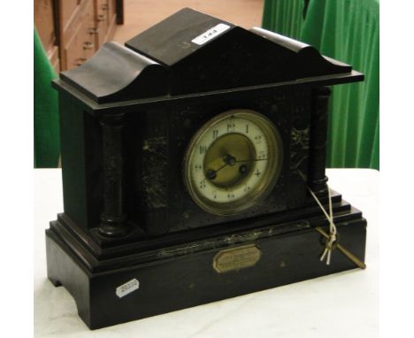 Engraved slate mantel clock with 2 train movement