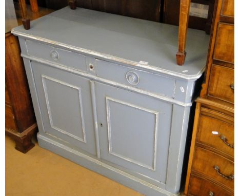 A Painted cabinet with frieze drawers & cupboards on bracket base