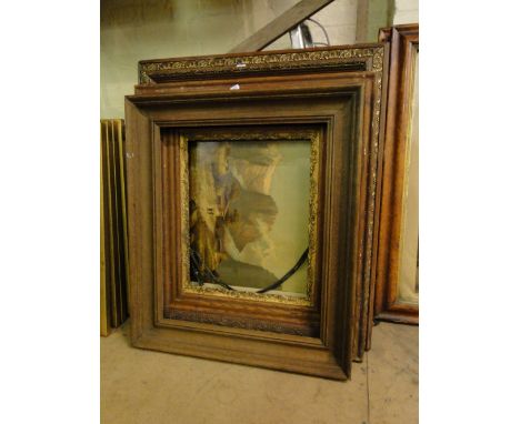 A framed coloured print, mountain view, and 2 frames.